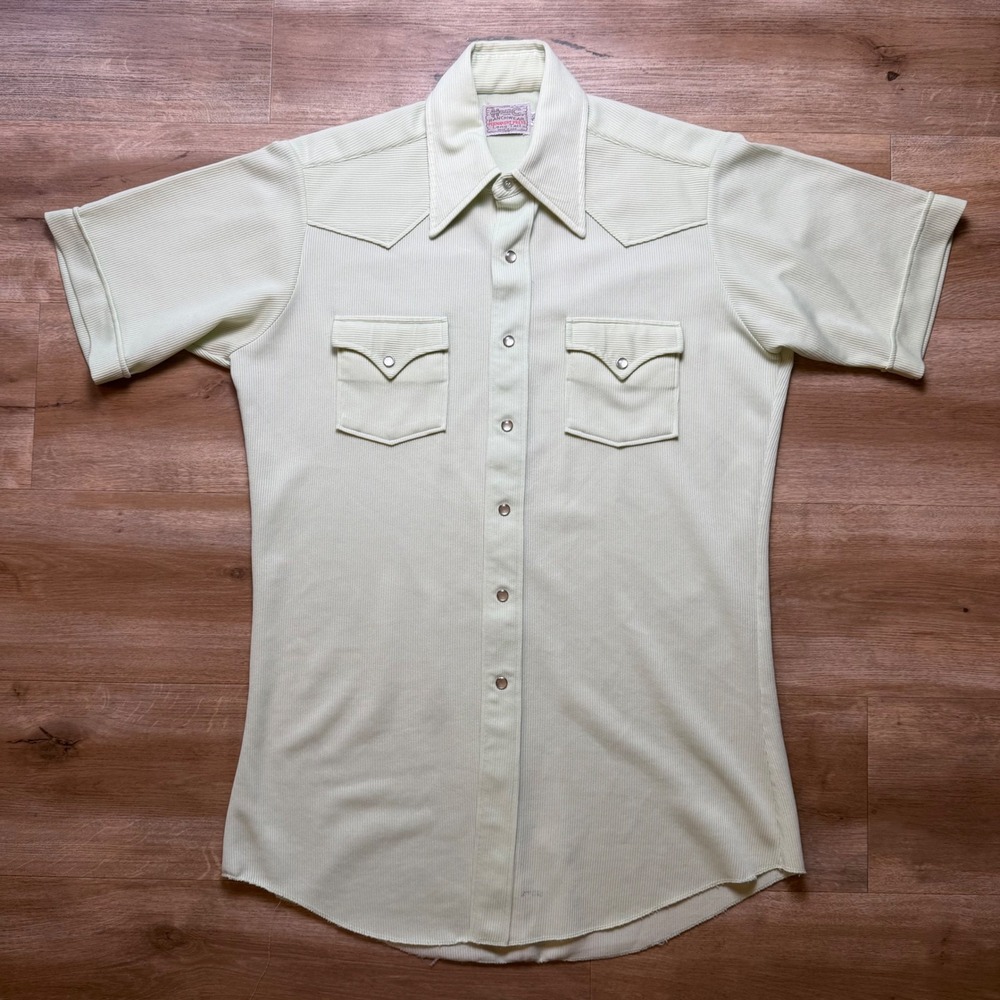 Vintage H Bar C Western Shirt Men 15.5 Mint Green Ribbed Pearl Snap Short Sleeve